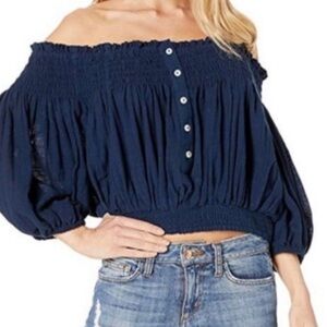 NWT WE THE FREE dancing till dawn Navy Off-Shoulder smocked top medium